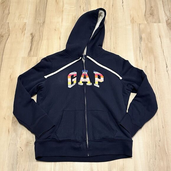 GAP Women Large Thick Fleece-Lined Zipper Jacket Hoodie GAP Spellout Navy Blue - Picture 1 of 8